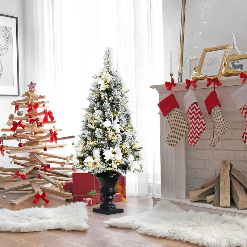 White Flocked Entryway Christmas Tree with Warm White Pre-Installed LED Lights
