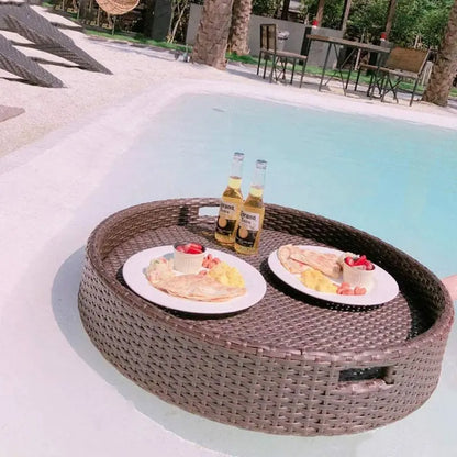 Handmade Rattan Serving Tray with Handles  Floating Breakfast Tray for Pool, Spa, Parties & Photography