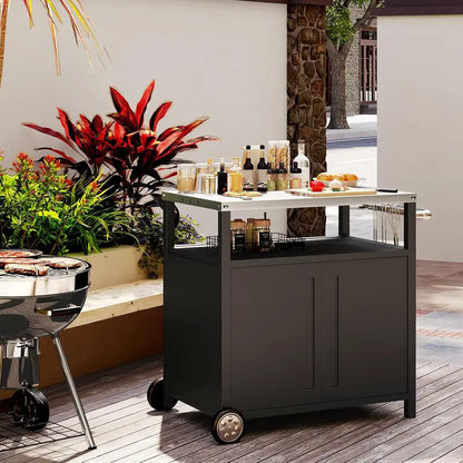 Heavy-Duty Stainless Steel Outdoor Grill Cart  3-Shelf Mobile Pizza Oven Stand with Wheels (31.5″ x 24″ x 35.5″)