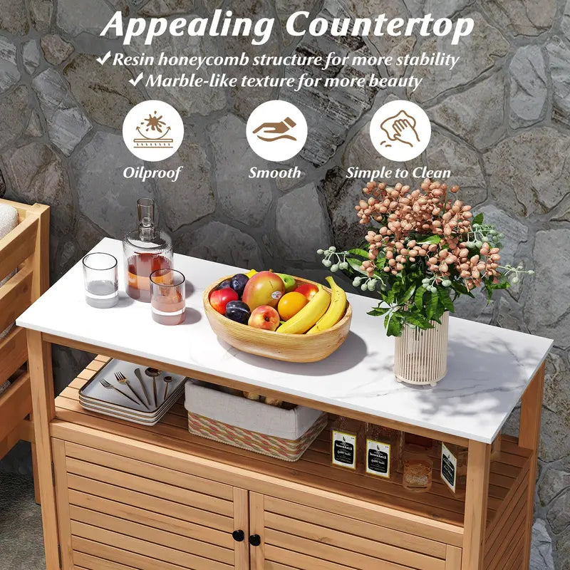 Garden Potting Bench with Storage  Two-Door Acacia Cabinet & Faux Marble Work Surface