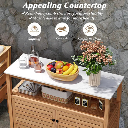 Garden Potting Bench with Storage  Two-Door Acacia Cabinet & Faux Marble Work Surface