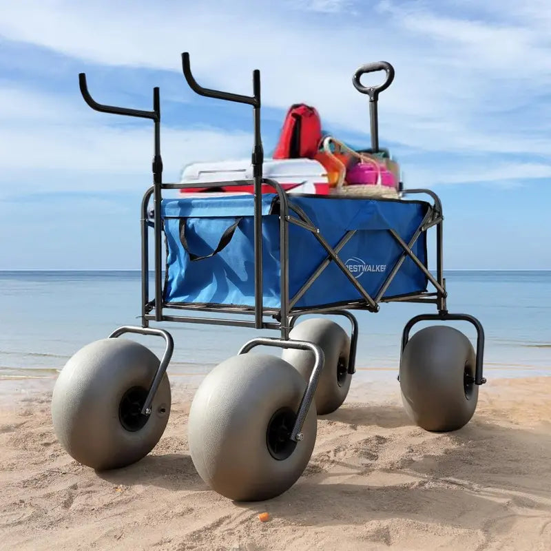 Heavy-Duty Beach Cart  13″ Balloon Wheels, Integrated Chair Racks & Air Pump Included