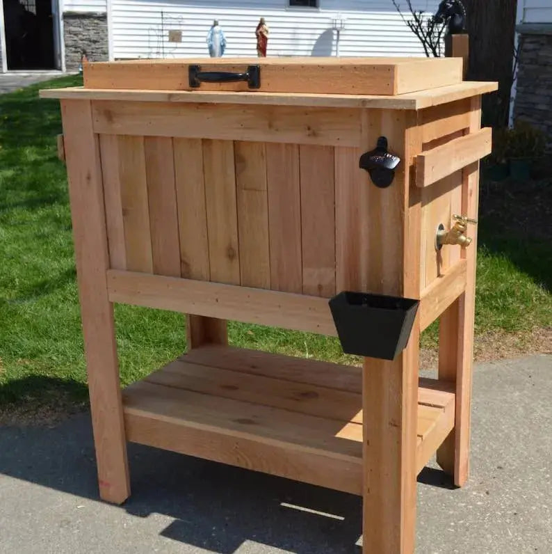 All-Weather 48-Quart Cedar-Look Cooler Stand  Antique-Finish Outdoor Beer Cooler with Brass Drain, Bottle Opener & Cap Catcher