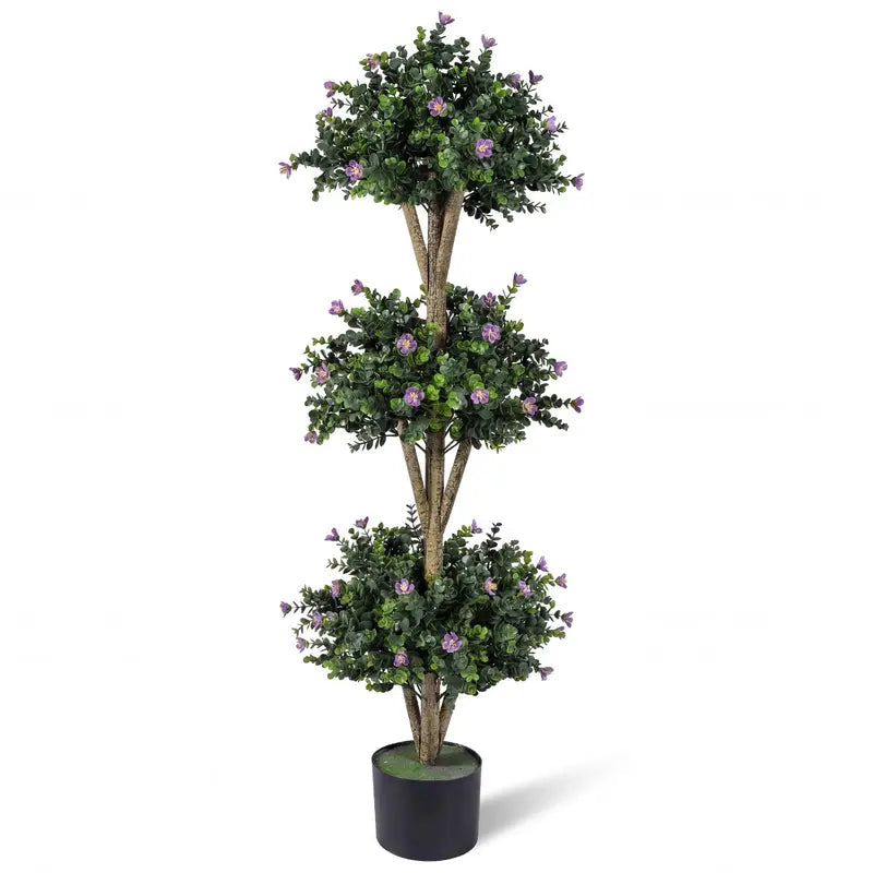 51-Inch Artificial Triple-Ball Boxwood Topiary Tree with 59 Blossoms and Weighted Plastic Pot