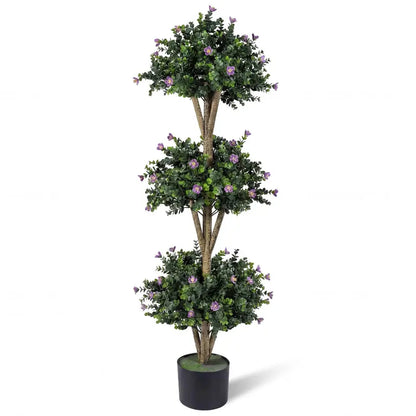 51-Inch Artificial Triple-Ball Boxwood Topiary Tree with 59 Blossoms and Weighted Plastic Pot