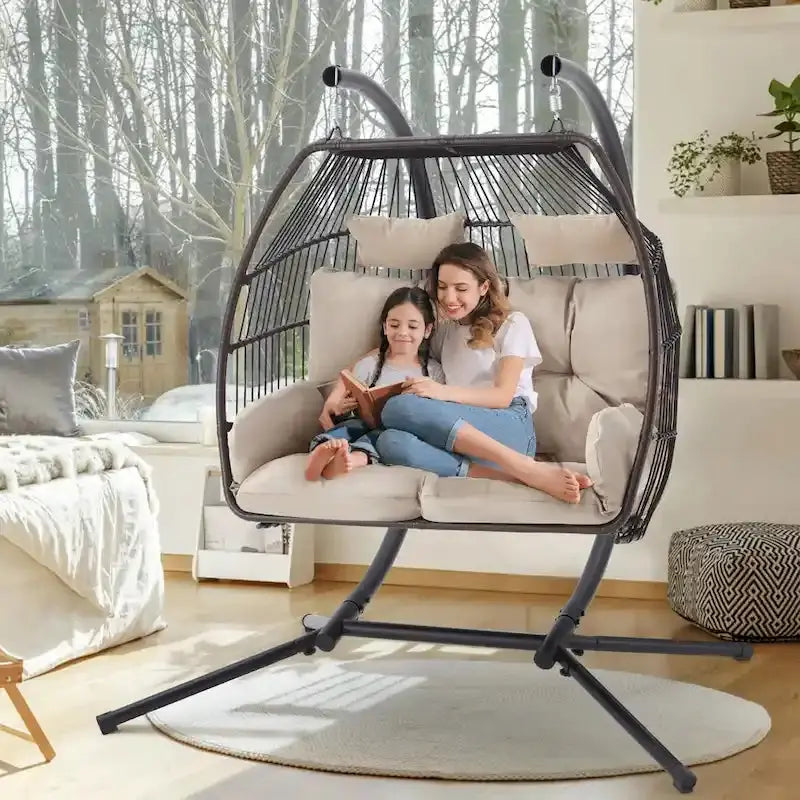Double Outdoor Swing Loveseat  Foldable Egg Chair with Stand, Awning & Cushions (Beige)