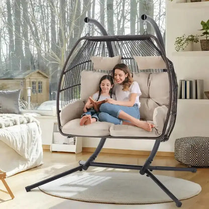 Double Outdoor Swing Loveseat  Foldable Egg Chair with Stand, Awning & Cushions (Beige)