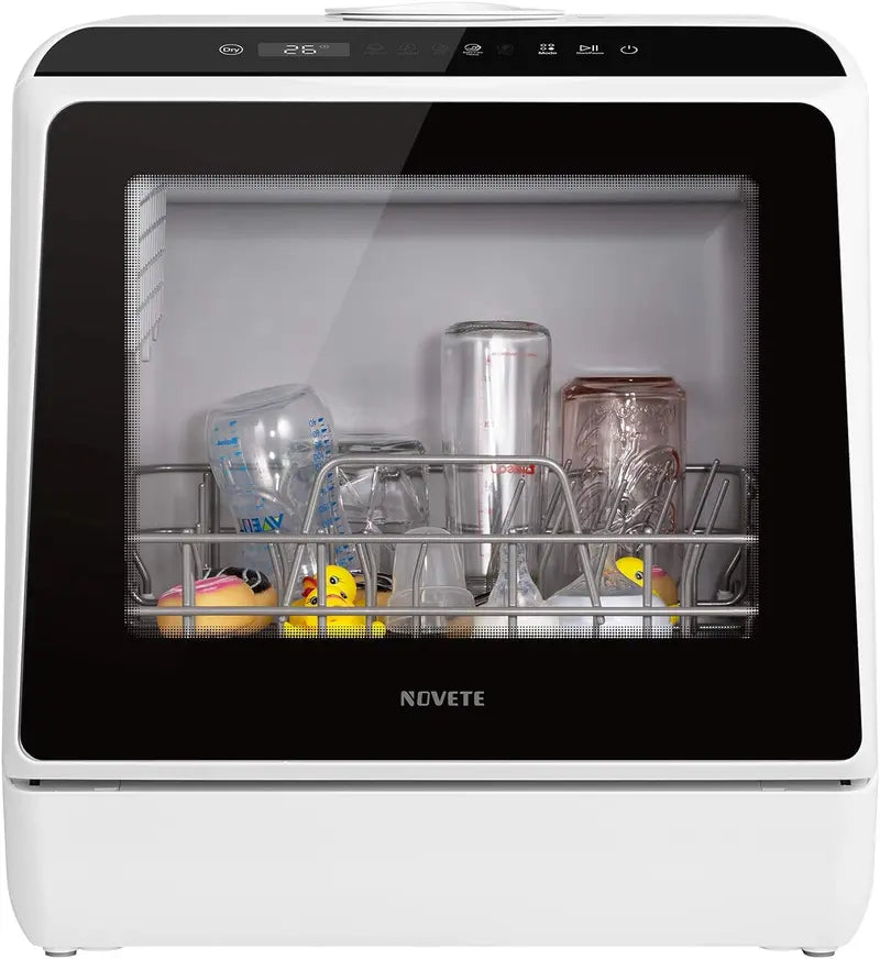 NOVETE Countertop Dishwasher  5L Built-in Water Tank, 5 Wash Cycles, Baby Care Mode, Air-Dry, and LED Interface for Compact Living