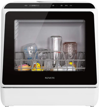 NOVETE Countertop Dishwasher  5L Built-in Water Tank, 5 Wash Cycles, Baby Care Mode, Air-Dry, and LED Interface for Compact Living
