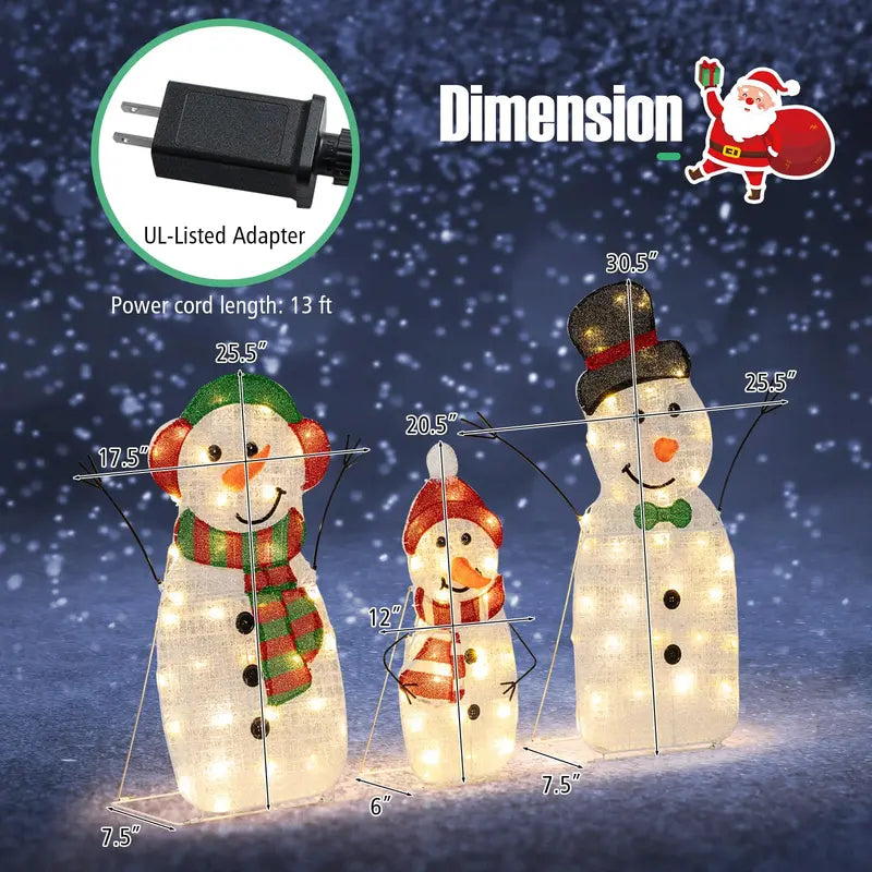 Lighted Snowman Family Set  Flat-Style Pre-Illuminated Christmas Decor with Classic Winter Charm