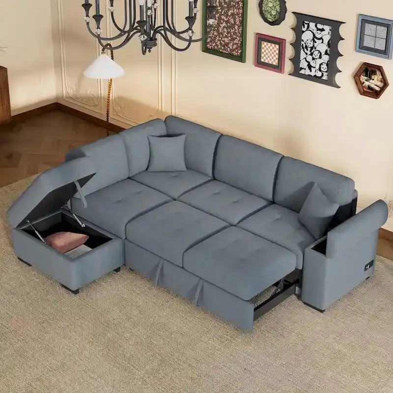L-Shaped 5-Piece Sleeper Sectional Sofa with Built-In Storage, USB Ports, and Ottoman