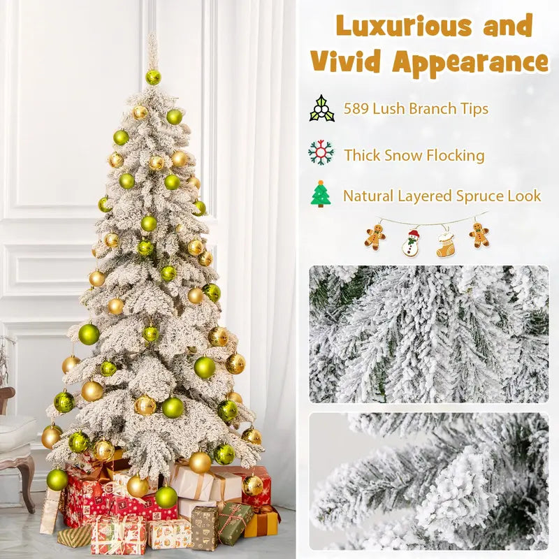 6-Foot Hinged Snow-Flocked Christmas Tree with 48 Ornaments and Potted Base