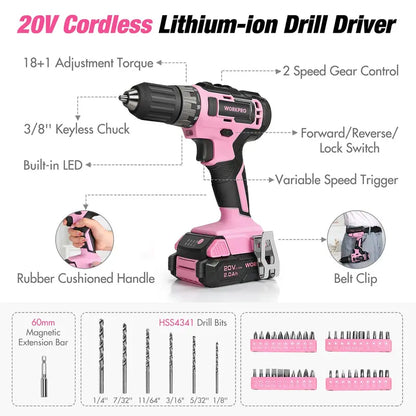 WORKPRO 157-Piece Household Tool Kit with 20V Cordless Drill Driver  Pink Ribbon Edition