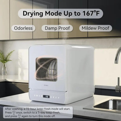 Hermitlux Countertop Mini Dishwasher  7-Program Portable Unit with 5L Built-in Tank, LED Display, Glass Door, No Plumbing Required