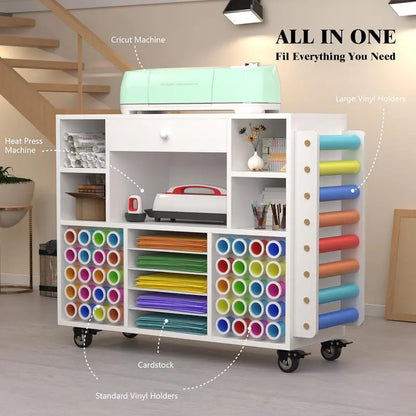 Rolling Craft Storage Cart for Cricut Machines  Mobile Workstation with Large Drawer, 48-Spool Vinyl Holder & Tabletop Surface