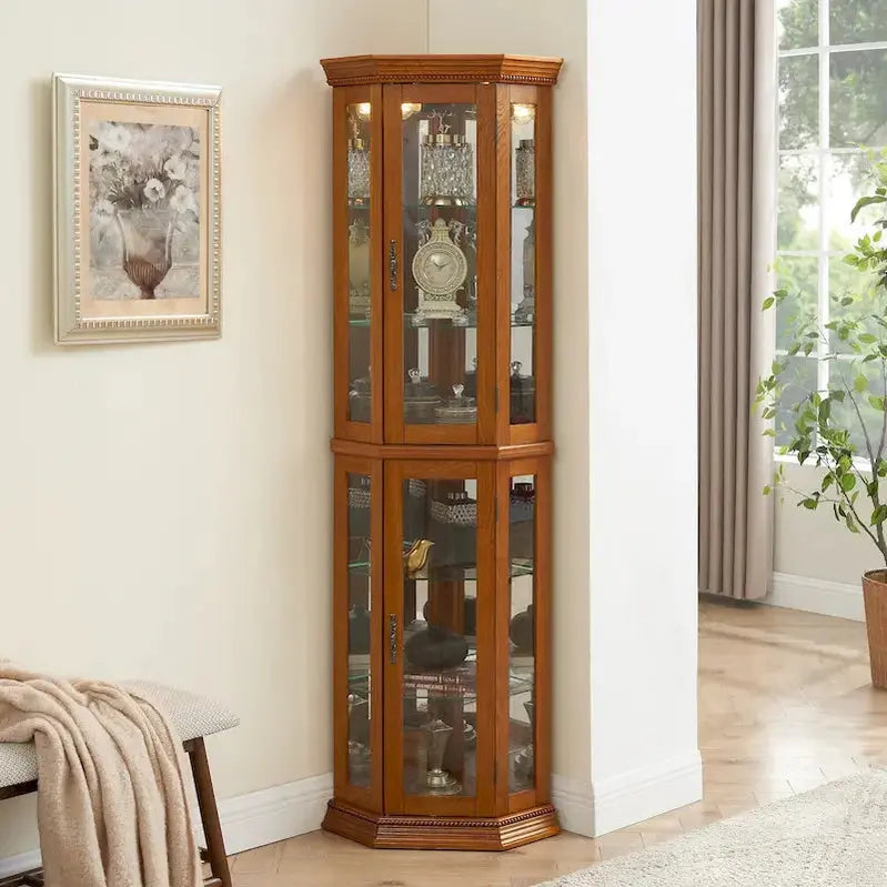Corner Curio Cabinet with LED Lighting  Tempered Glass Shelves and Mirrored Back Display Unit