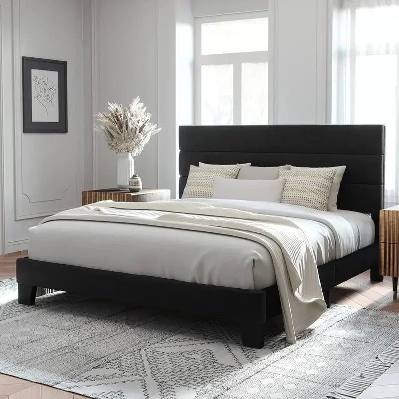 Allewie King Platform Bed Frame  Velvet-Upholstered Headboard with Solid Wood Slats