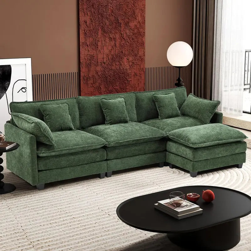 111.4-Inch L-Shaped Modular Cloud Sofa  Chenille 4-Seater with Ottoman & Deep Seat Design