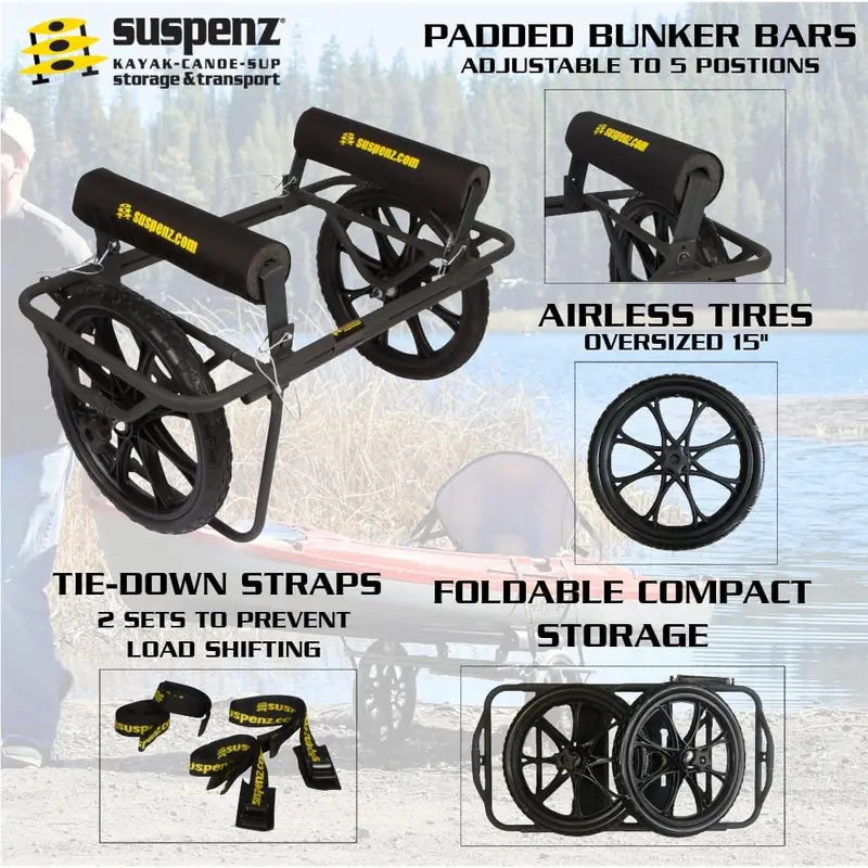 Suspenz All-Terrain 300 lb Kayak Cart, Airless Wheels, Steel Frame, Black