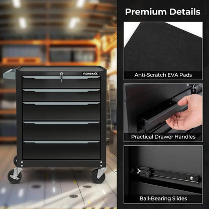 5-Drawer Rolling Steel Tool Chest  Mobile Workshop Cabinet with Hanging Rod Holes & Smooth Casters