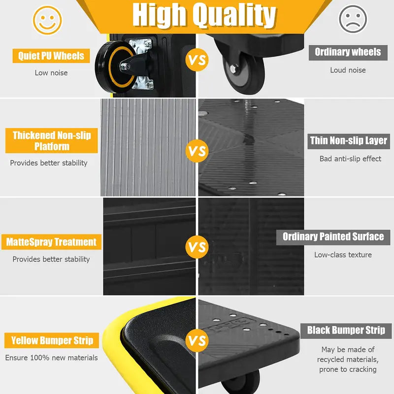 Lightweight Folding Flatbed Cart  330 LB Capacity Yellow Platform Dolly with Push Handle