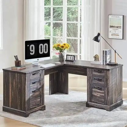 60-Inch L-Shaped Farmhouse Executive Desk  Wood Corner Computer Workstation