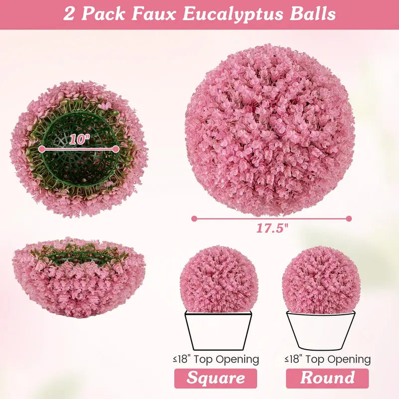 Set of Two 17.5-Inch Outdoor Artificial Topiary Balls  Pink Eucalyptus Faux Greenery