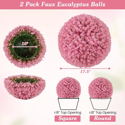 Set of Two 17.5-Inch Outdoor Artificial Topiary Balls  Pink Eucalyptus Faux Greenery