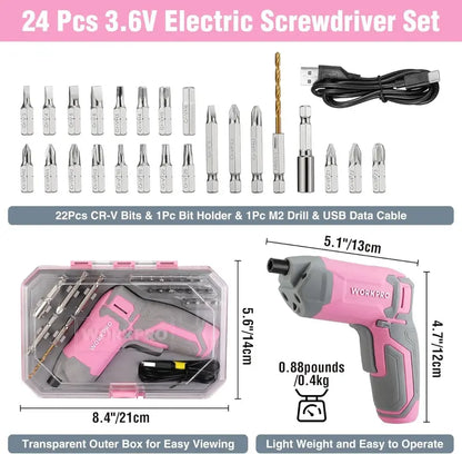 WORKPRO 3.6V Cordless Eccentric Screwdriver Kit — 24-Bit Set with Carry Case, Pink Ribbon Edition