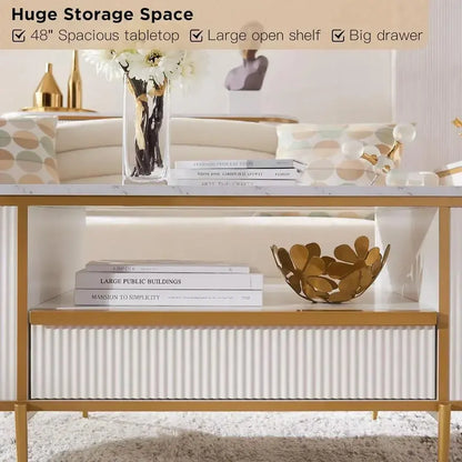 OKD Luxury Oval Coffee Table  48-Inch Grooved Design with Imitation Marble Top and Hidden Drawers