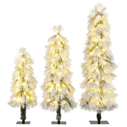 Holiday Tree Trio  Assorted 3’, 4’, and 5’ Snow-Flocked Pre-Lit Christmas Trees