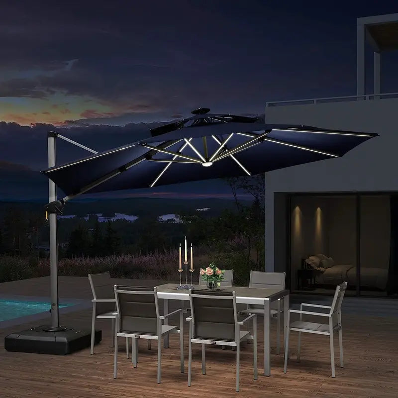 12-Foot Solar-Powered LED Cantilever Patio Umbrella  Wind-Resistant Round Outdoor Parasol with Built-in Lights