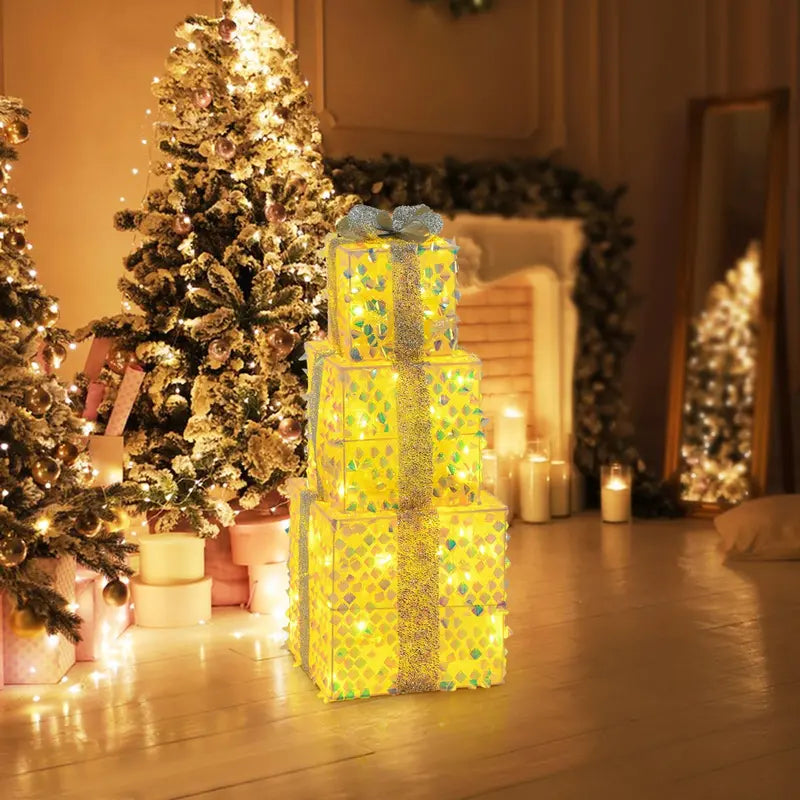 Set of 3 Laser-Finish Lighted Christmas Gift Boxes with Fish-Scale Texture