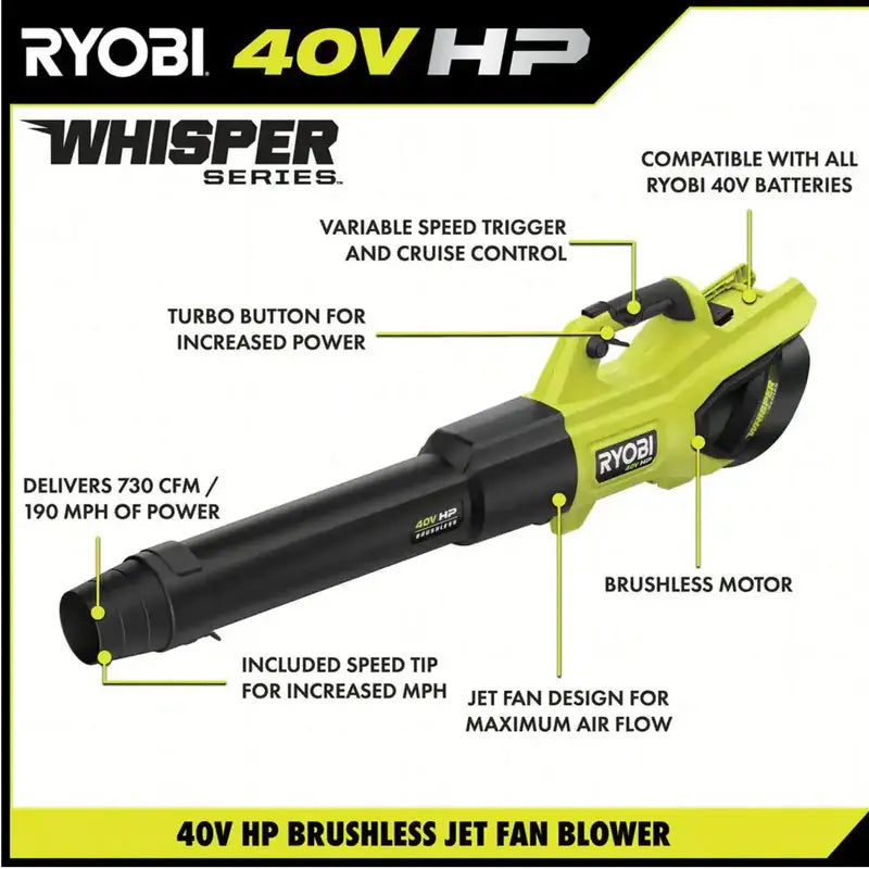 Ryobi 40V HP Brushless Jet Fan Leaf Blower  190 MPH / 730 CFM, Cordless, Includes Two 4.0Ah Batteries & Charger
