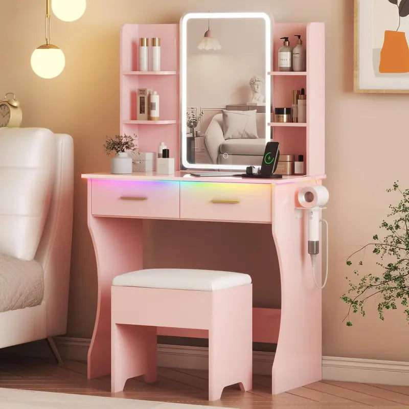 Compact LED Vanity Desk Set with Dimmable Mirror, Power Outlet, and Slim Profile