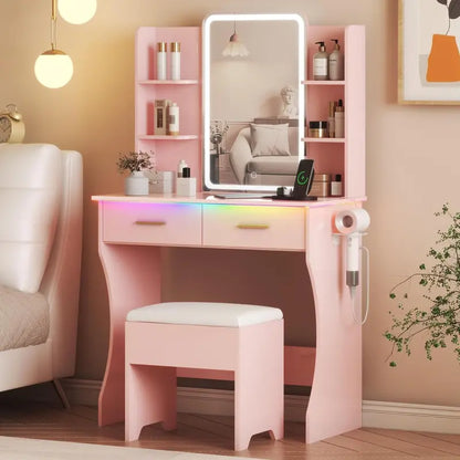 Compact LED Vanity Desk Set with Dimmable Mirror, Power Outlet, and Slim Profile