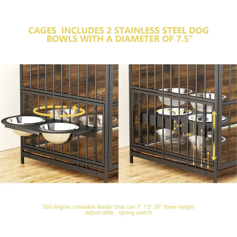 ROOMTEC Large Dog Crate Furniture with Adjustable Bowls, Steel Frame, Anti-Chew Design, 48″x30.3″x43″