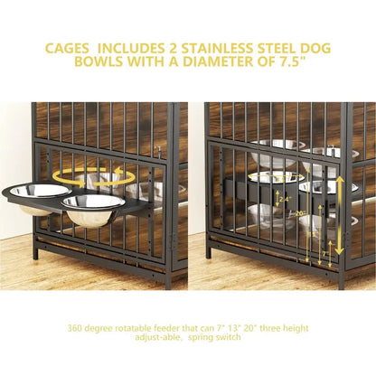 ROOMTEC Large Dog Crate Furniture with Adjustable Bowls, Steel Frame, Anti-Chew Design, 48″x30.3″x43″