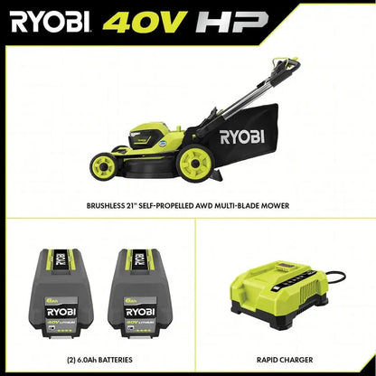 Ryobi 40V HP Self-Propelled AWD Lawn Mower  21-Inch Whisper Series Cordless Mower with Two 6.0Ah Batteries & Charger