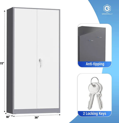 Greenvelly 72-Inch Locking Metal Storage Cabinet — 2-Door Garage or Office Organizer with Adjustable Shelves