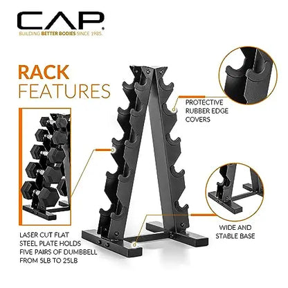 CAP Barbell 150 lb Hex Dumbbell Set with Coated Weights and Vertical Storage Rack  Black Finish