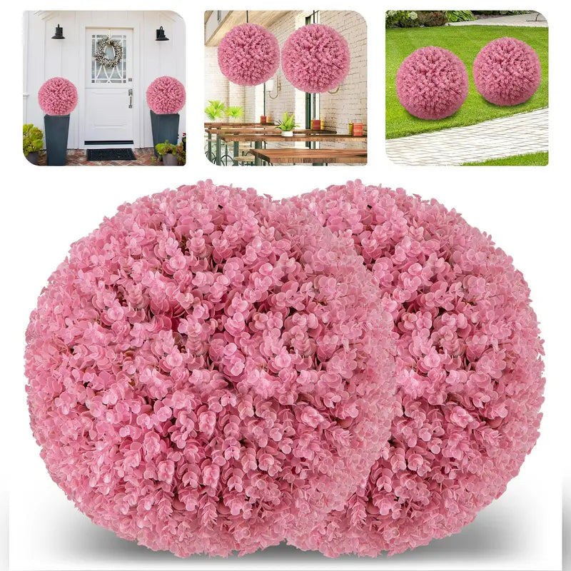 Set of Two 17.5-Inch Outdoor Artificial Topiary Balls  Pink Eucalyptus Faux Greenery