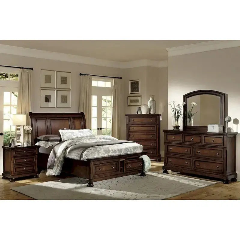 Classic 5-Piece Master Bedroom Set  Brown Cherry Platform Bed with Storage and Matching Furniture