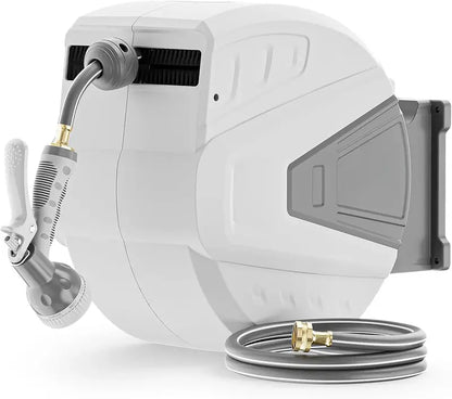 100-Foot Wall-Mounted Retractable Hose Reel with 9-Function Sprayer, Auto-Retract, and 180° Swivel Bracket  Gray