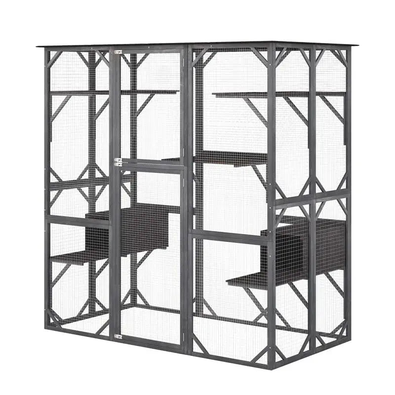 71-Inch Walk-In Outdoor Catio Enclosure  Wooden Kitty Playpen with Seven Tiered Platforms & Secure Shelter Design