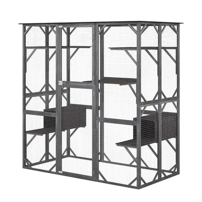71-Inch Walk-In Outdoor Catio Enclosure  Wooden Kitty Playpen with Seven Tiered Platforms & Secure Shelter Design