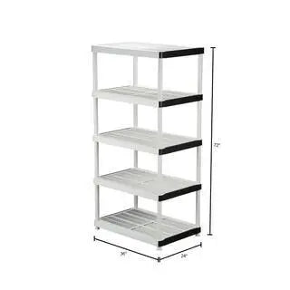 HDX 5-Tier Plastic Shelving Unit, 72″x36″x24″, 200 lbs Capacity, Gray