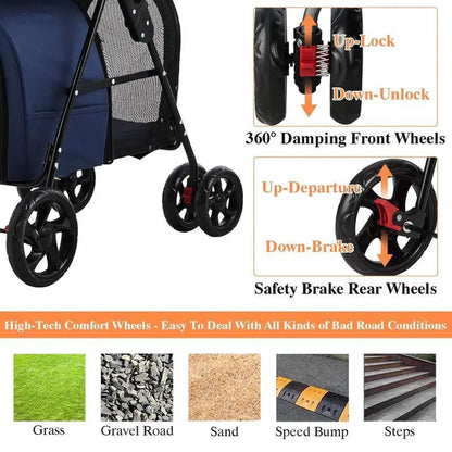 Navy Blue Double Pet Stroller  Foldable 4-Wheel Travel Carrier with Suspension for Two Dogs or Cats