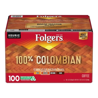 Folgers 100% Colombian Medium Dark Roast Coffee K-Cups, 100 Count  Rich Flavor, Keurig Compatible