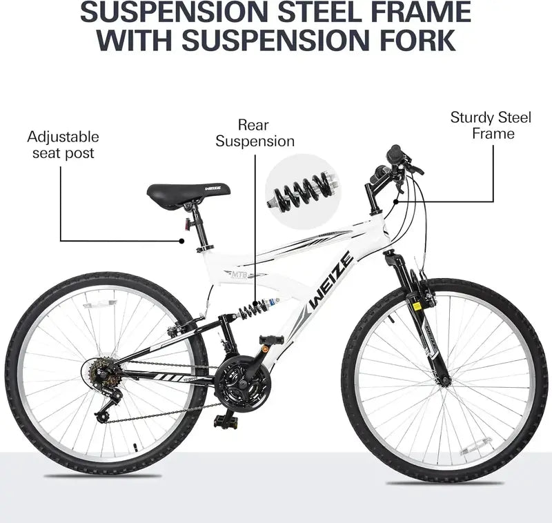 WEIZE 26″ / 27.5″ Hybrid Mountain Bike — 18-Speed Full-Suspension Outdoor Bike with High-Carbon Steel Frame